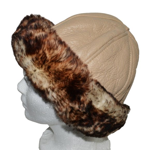 PELE & CIA VINTAGE SIZE MEDIUM BEIGE BROWN LEATHER SHEARLING SHEEPSKIN HAT main image 5